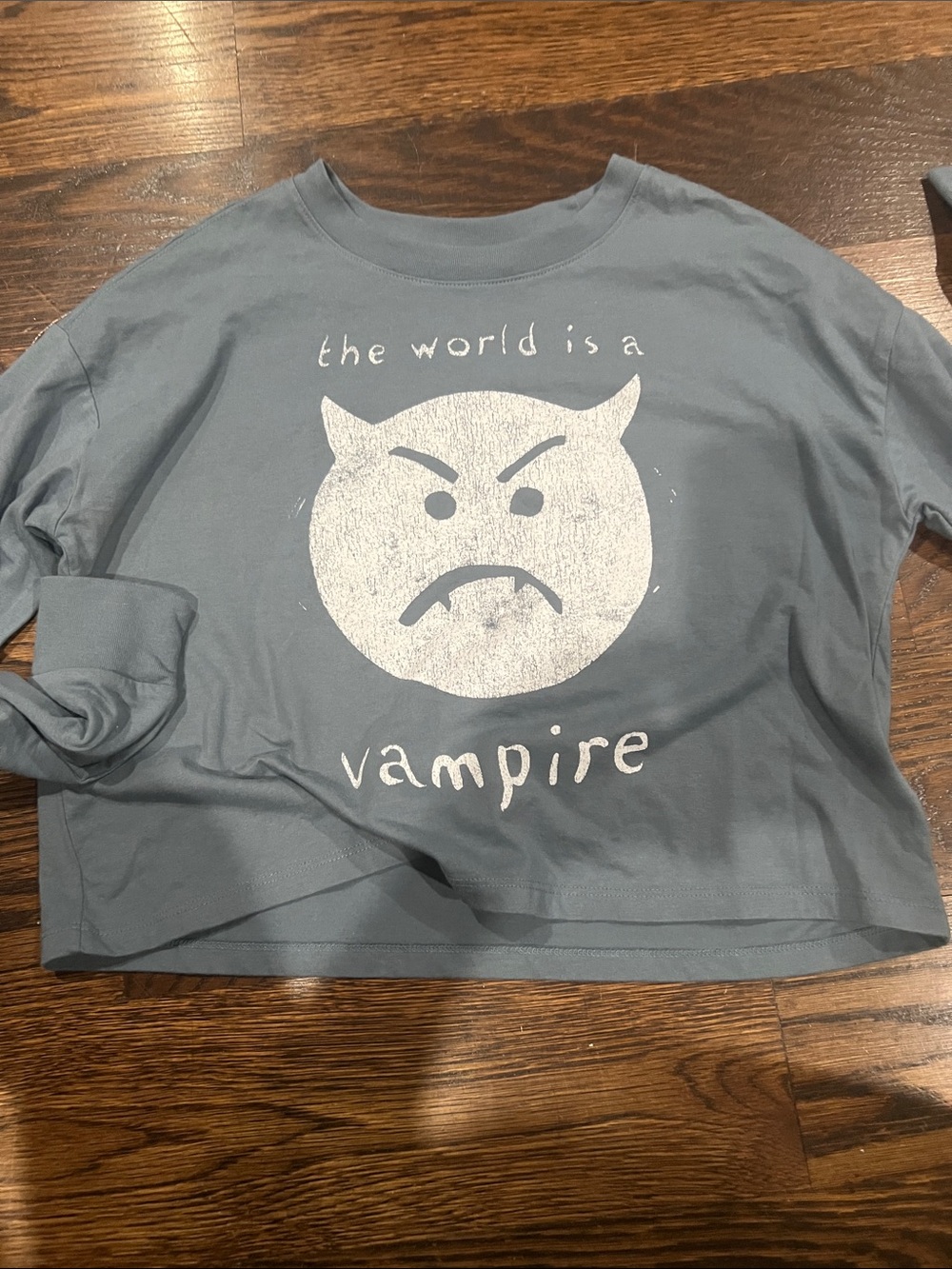 GAP Blue Long-Sleeve Graphic Tee with White Distressed Emoji